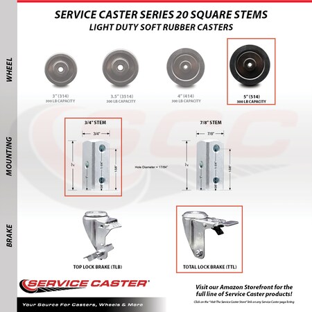Service Caster 5 Inch Soft Rubber Swivel 3/4 Inch Square Stem Caster Total Lock Brakes, 2PK SCC-SQTTL20S514-SRS-34-2-S-2